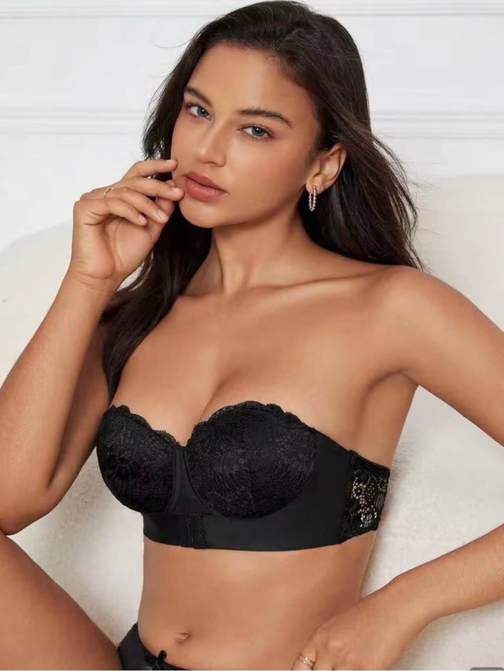 Black Strapless Push Up Bra Lace Underwire Padded, 40DDD Fit- Small Flaw, Read